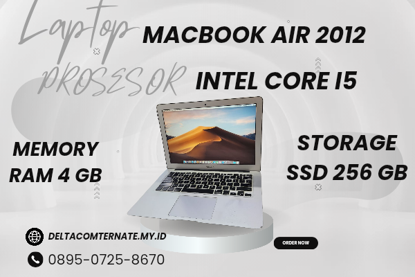 MACBOOK AIR 2012 , TYPE BARU BODY SLIM, PROSESOR INTEL CORE I5 MEMORY RAM 4 GB STORAGE SSD 256 GB DISPLAY 14 INCH MULUS , WARNAH SILVER, LECET SDIKI